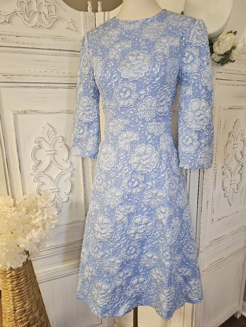 Fehaute Light Blue Floral Jacquard Vintage Inspired Midi A-Line Cocktail Dress